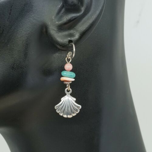 Vtg Southwestern handmade 925 Sterling Silver Earrings, Shell Dangles Turquoise