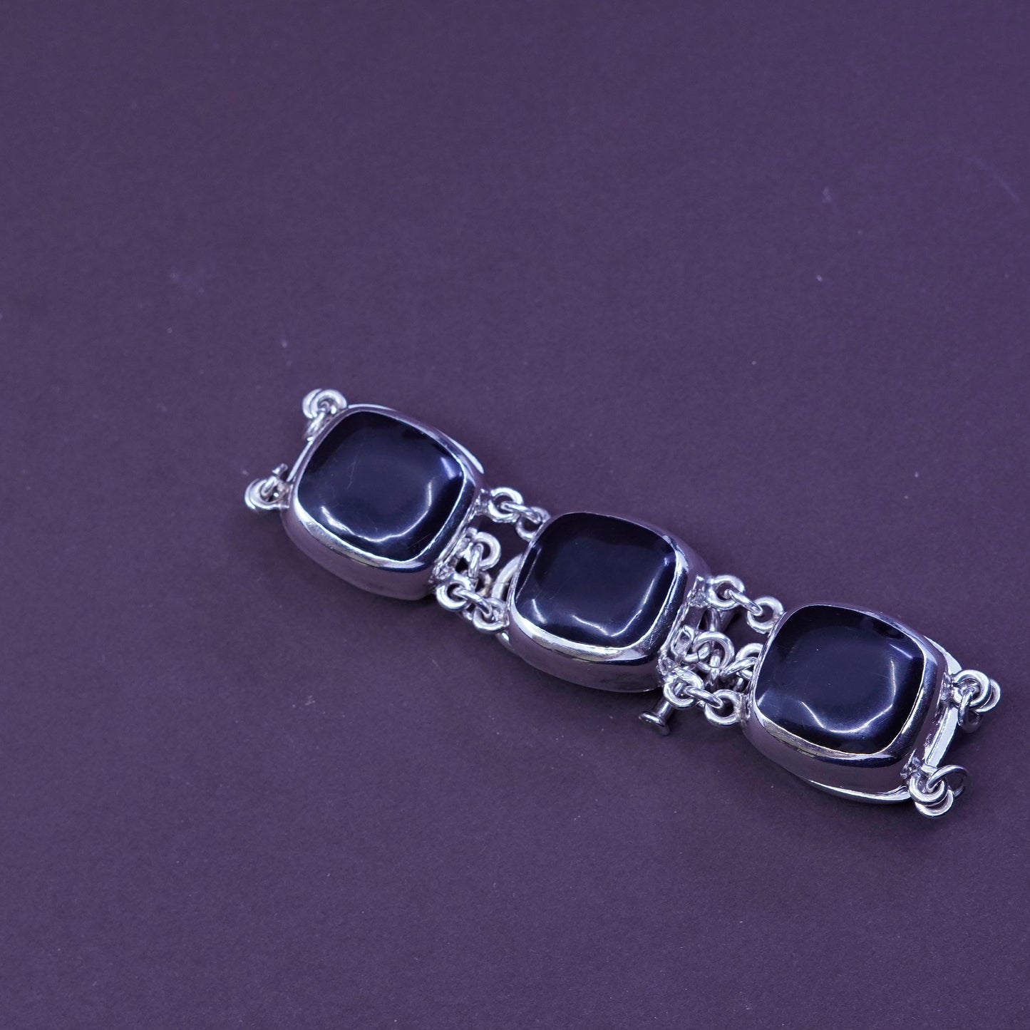 7.5+0.5”, vintage Sterling silver handmade bracelet, Mexico 925 w/ square onyx
