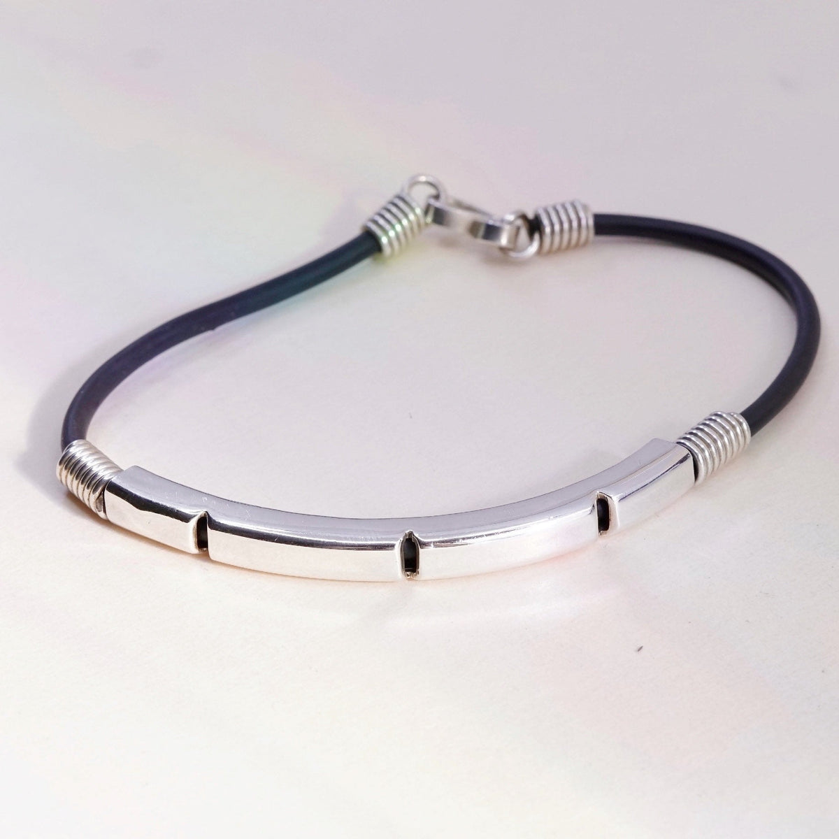 7”, Vintage black rubber chain with sterling 925 silver bar