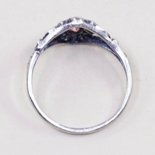 Sz 7.25, Vtg Sterling Silver Ring, 925 Silver Engagement Ring W/ pink Crystal