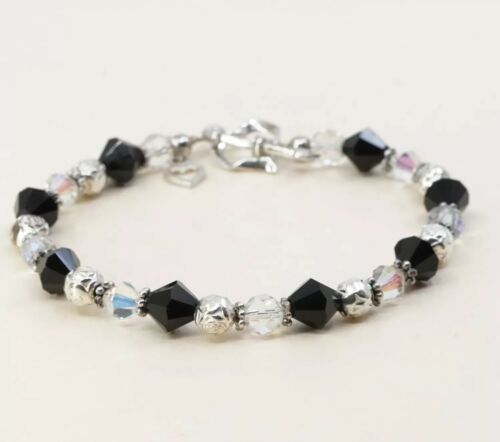 7.25”, Vtg Sterling Silver Handmade Bead Bracelet, 925 Heart Toggle W/ Crystal