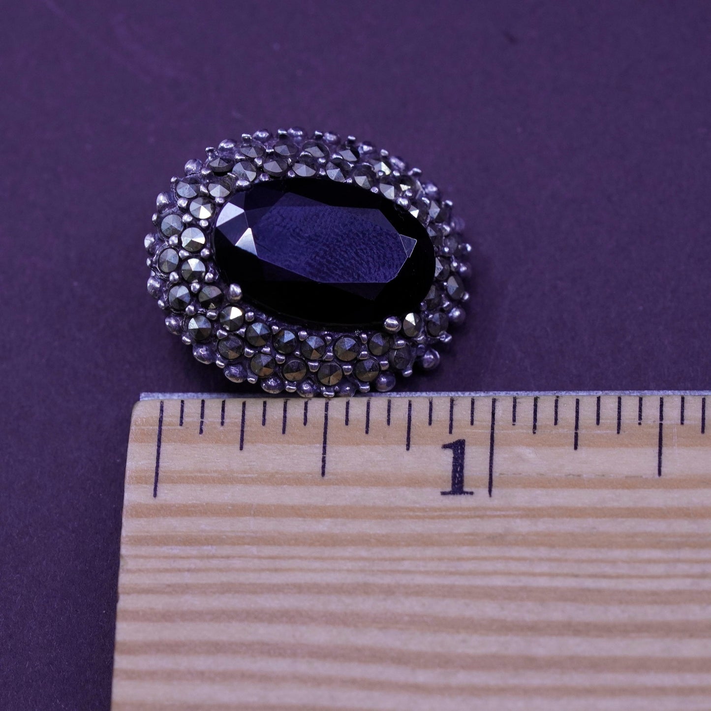 Mexico Sterling silver handmade earrings, 925 oval obsidian clip on marcasite
