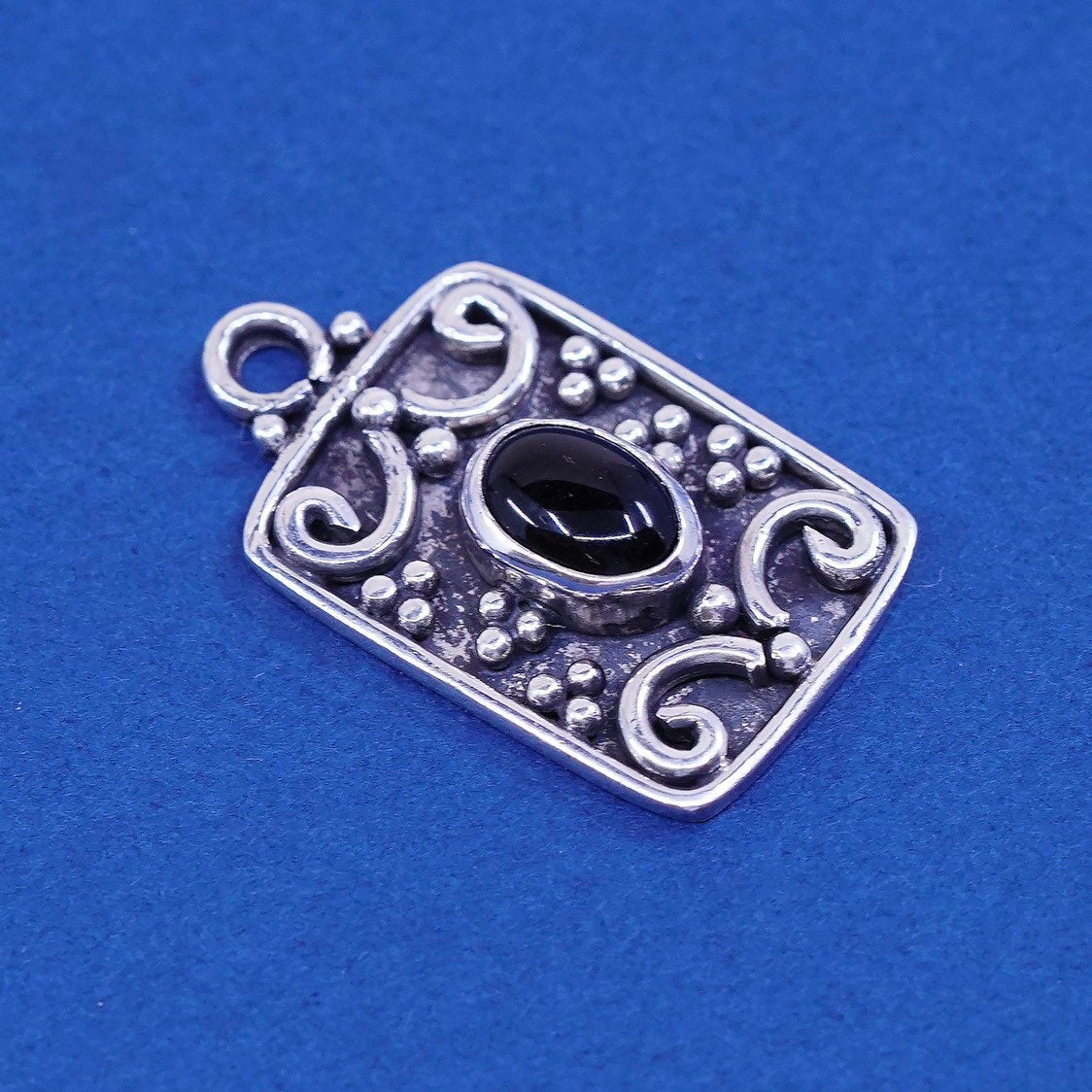vtg Mexico ATI Sterling silver handmade pendant, 925 w/ oval obsidian