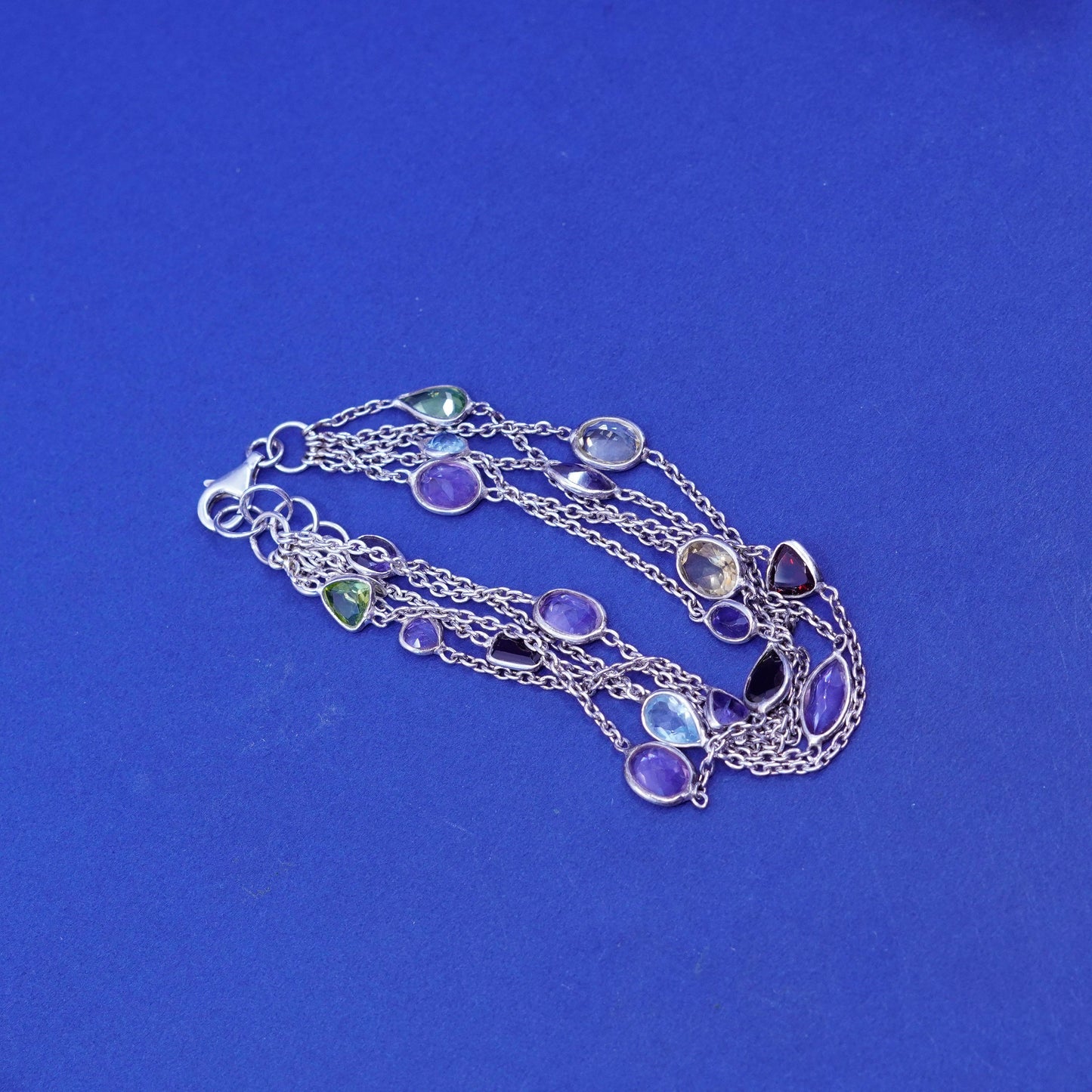 7+1”, vtg Sterling silver bracelet, multi strands 925 circle chain gemstones