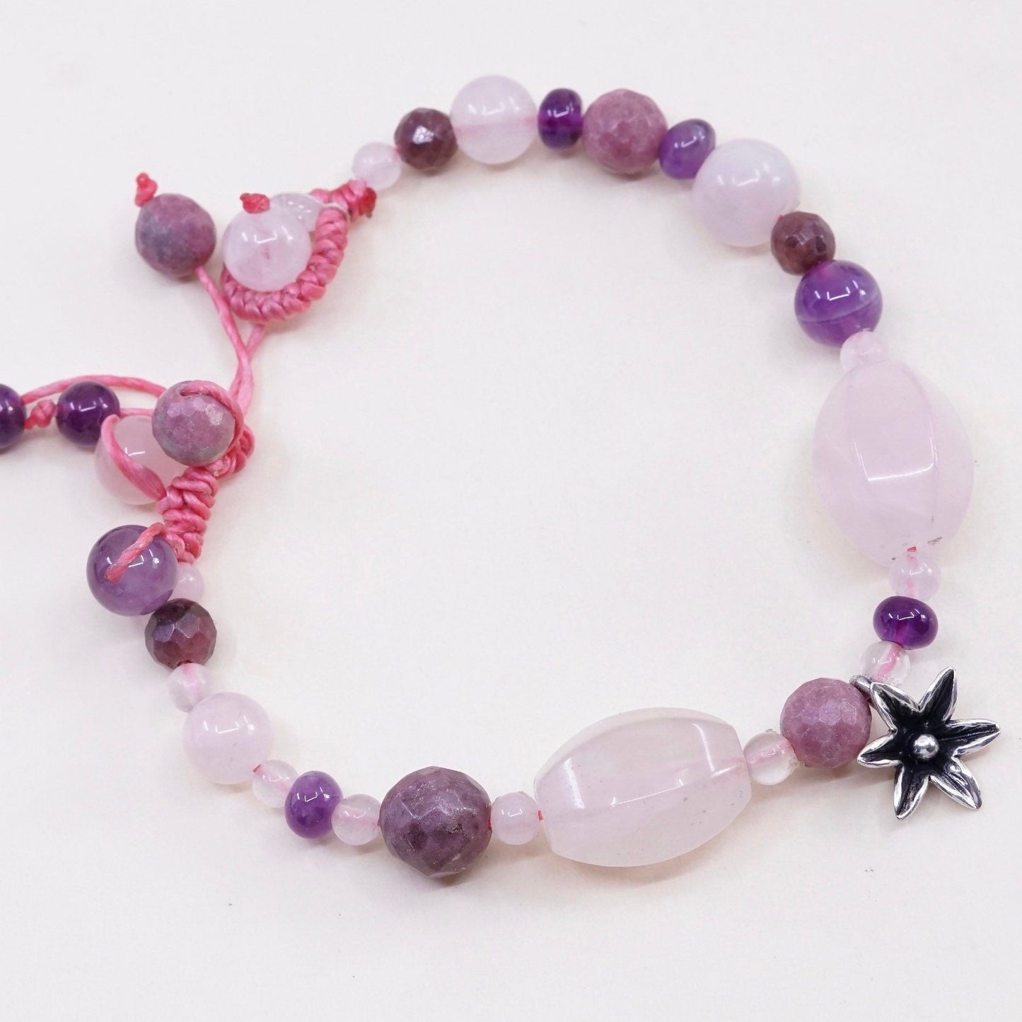 7.5”, Sterling silver handmade bracelet, 925 flower charm w/ rose quartz beads