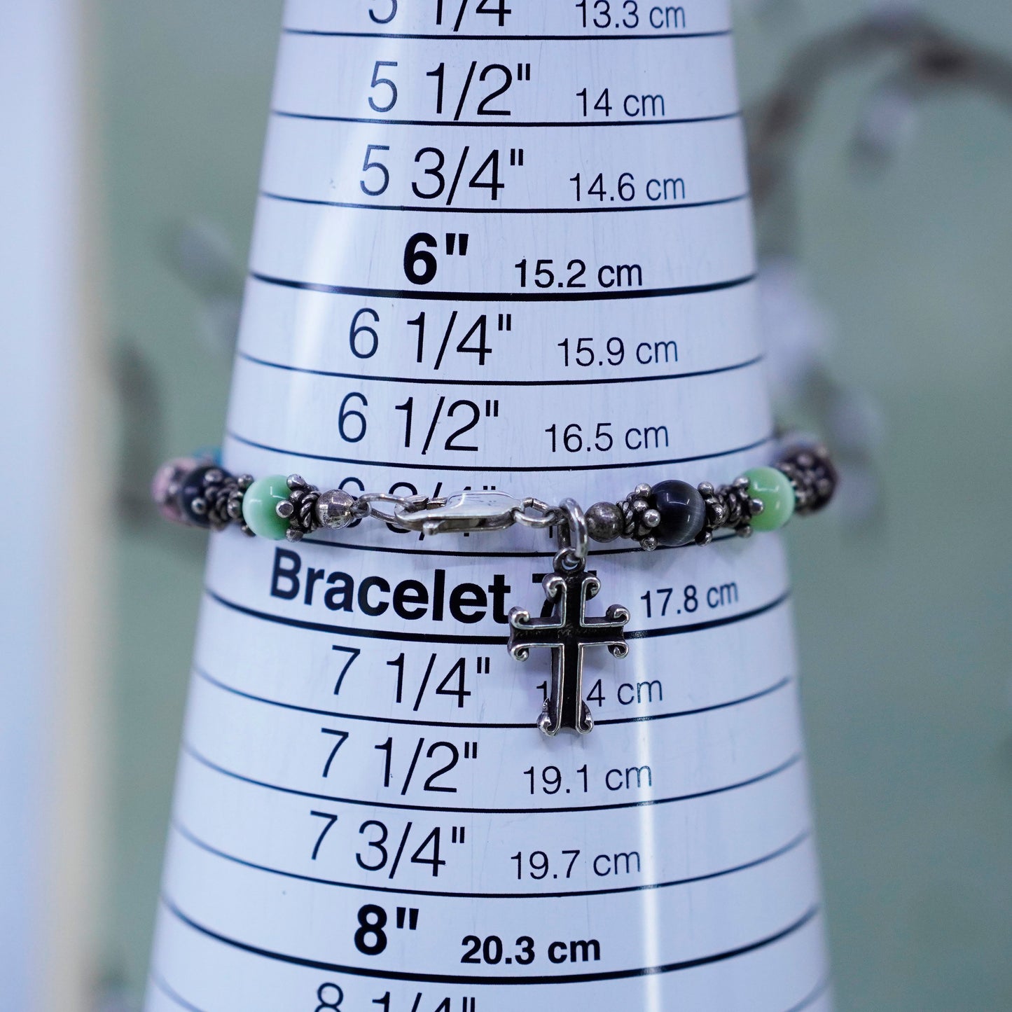 6.75”, sterling silver bracelet, 925 beads with colorful cats eye cross charm