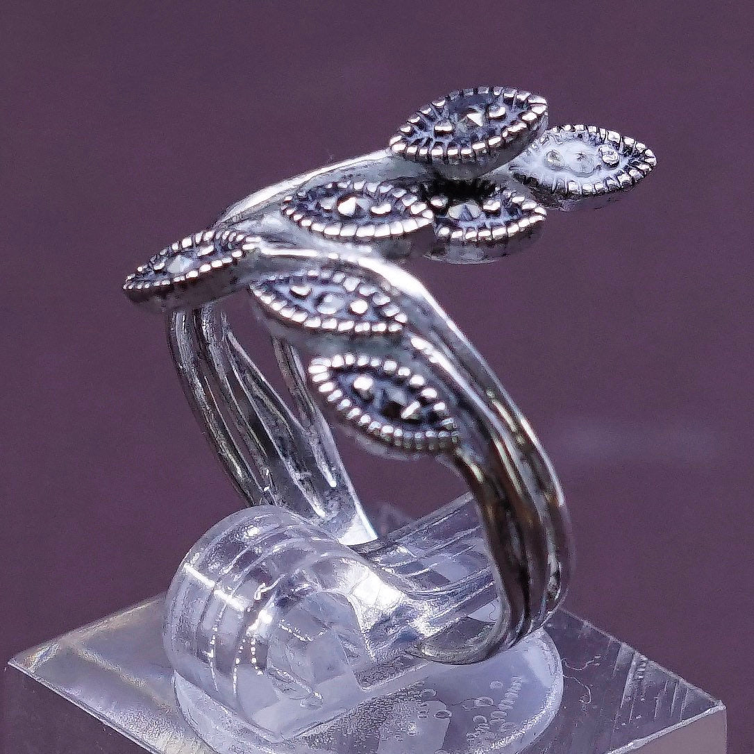 sz 6.75, vtg sterling silver handmade ring southwestern 925 leaves w/ marcasite