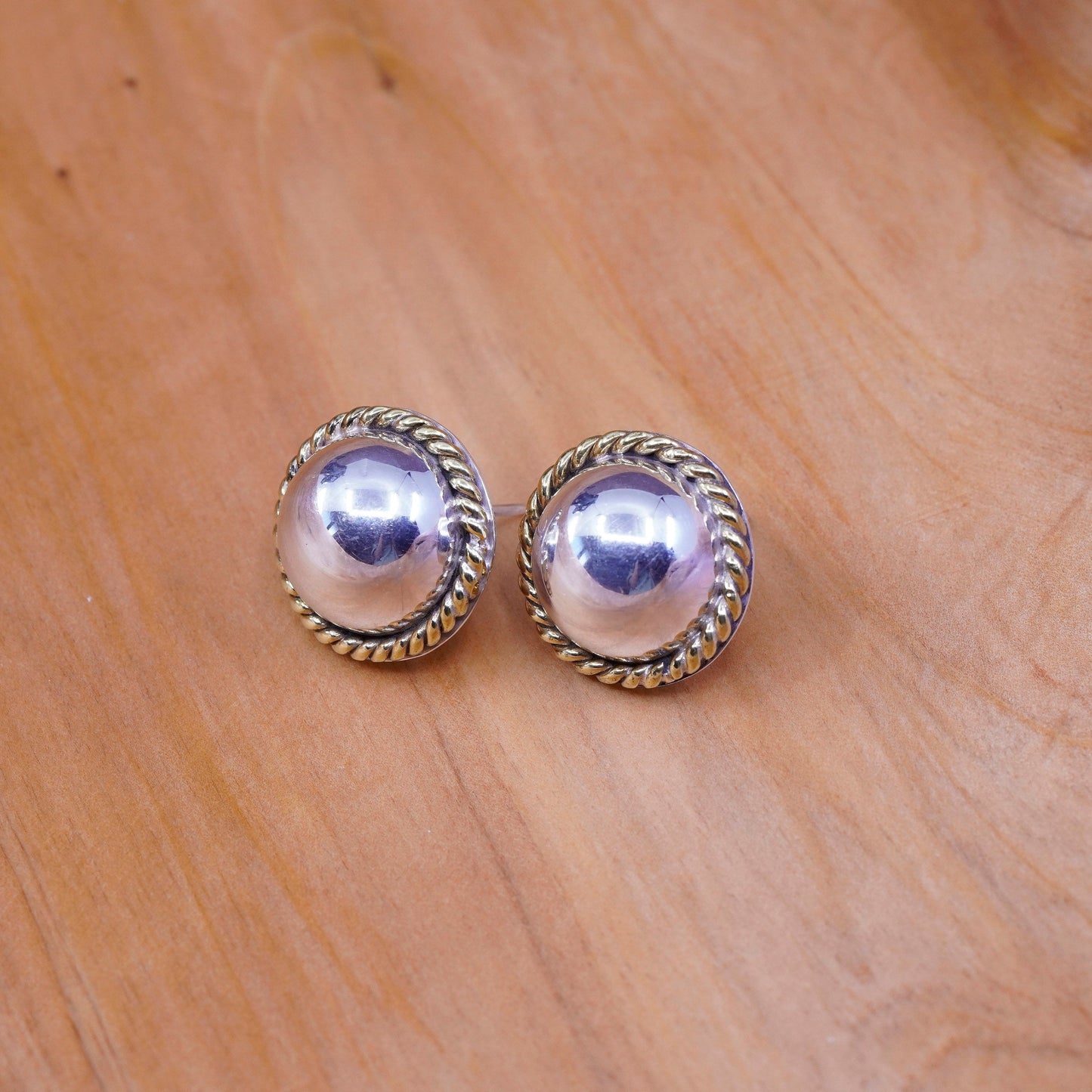 Two Tone Sterling silver handmade earrings, mexico 925 round studs with brass