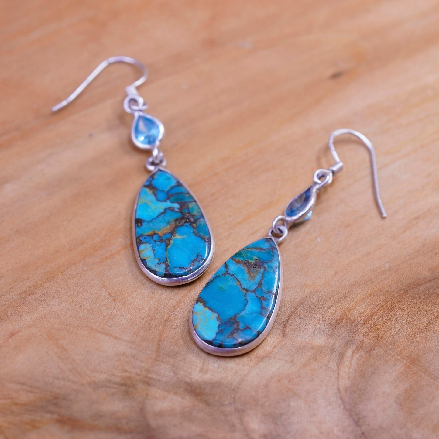 Vintage Sterling 925 silver handmade teardrop earrings with turquoise and topaz