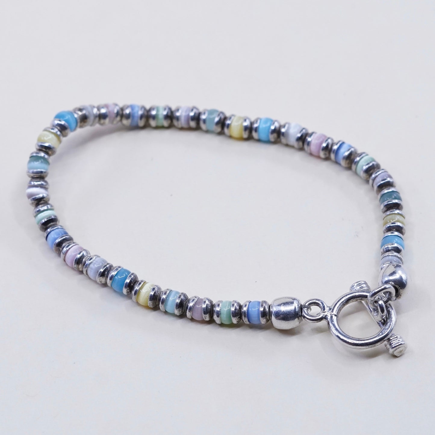 7.25”, sterling 925 silver handmade bracelet, tiger eye beads w/ toggle closure