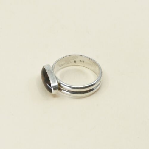 Sz 7, Orangle Amber Oval Cabochon Sterling Silver Solitaire Ring, Stamped 925