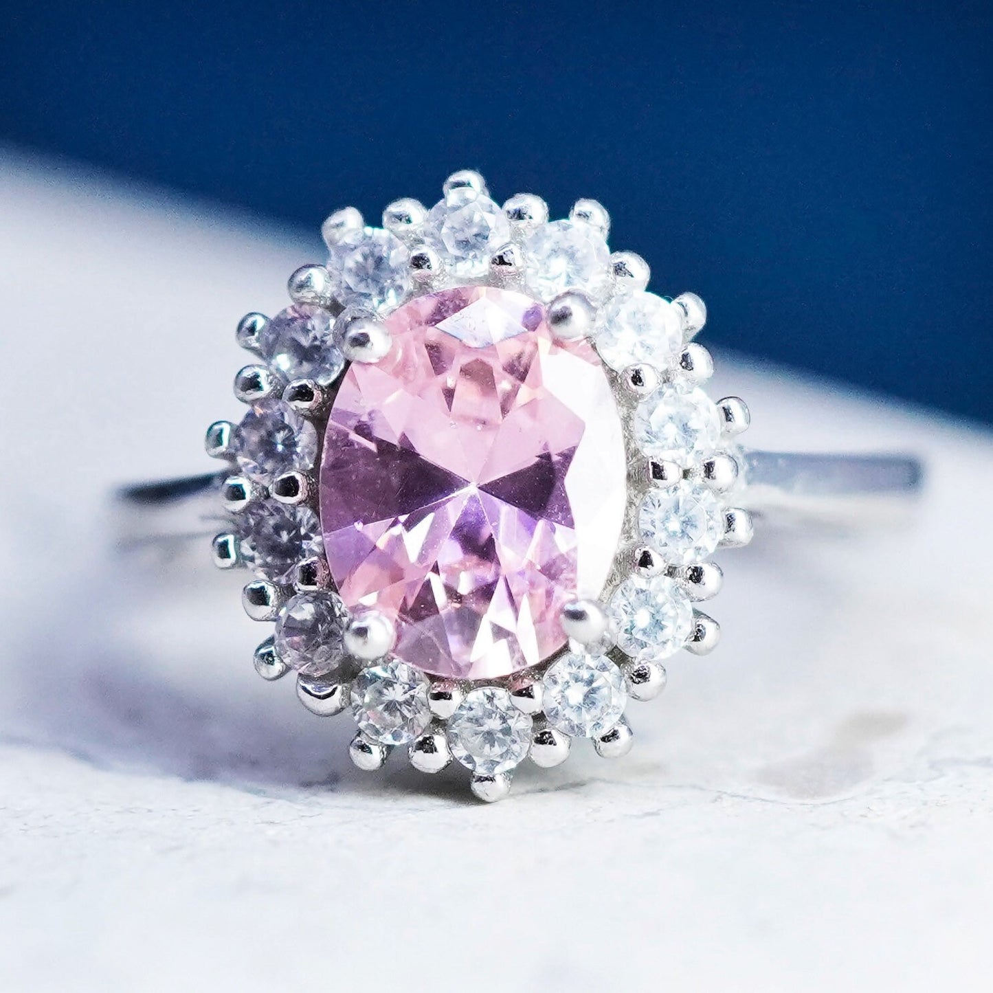 Size 6.25, vintage Sterling 925 silver ring with pink and clear crystal stones