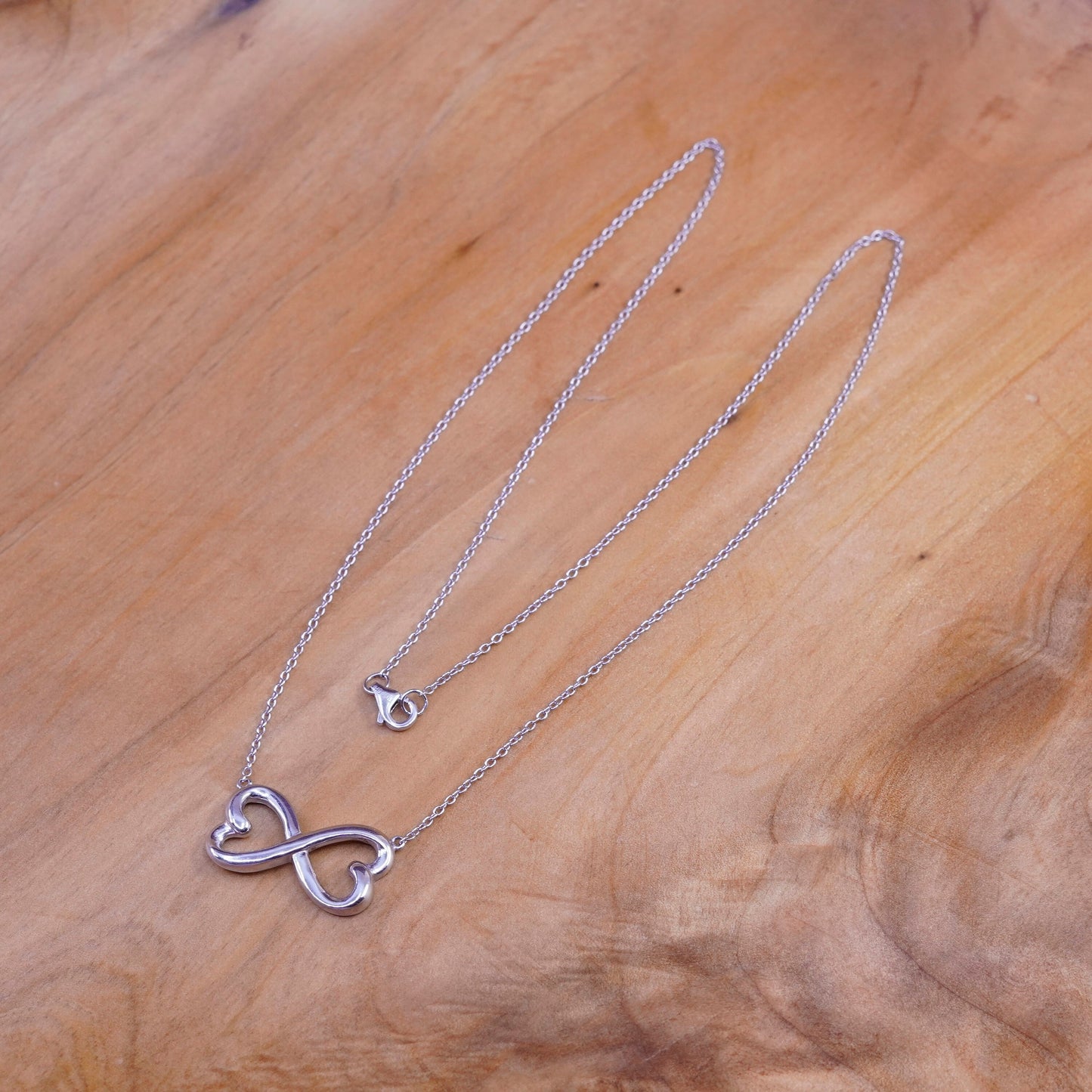 18”, Italy Sterling 925 Silver Circle Chain Necklace W/ double hearts Pendant