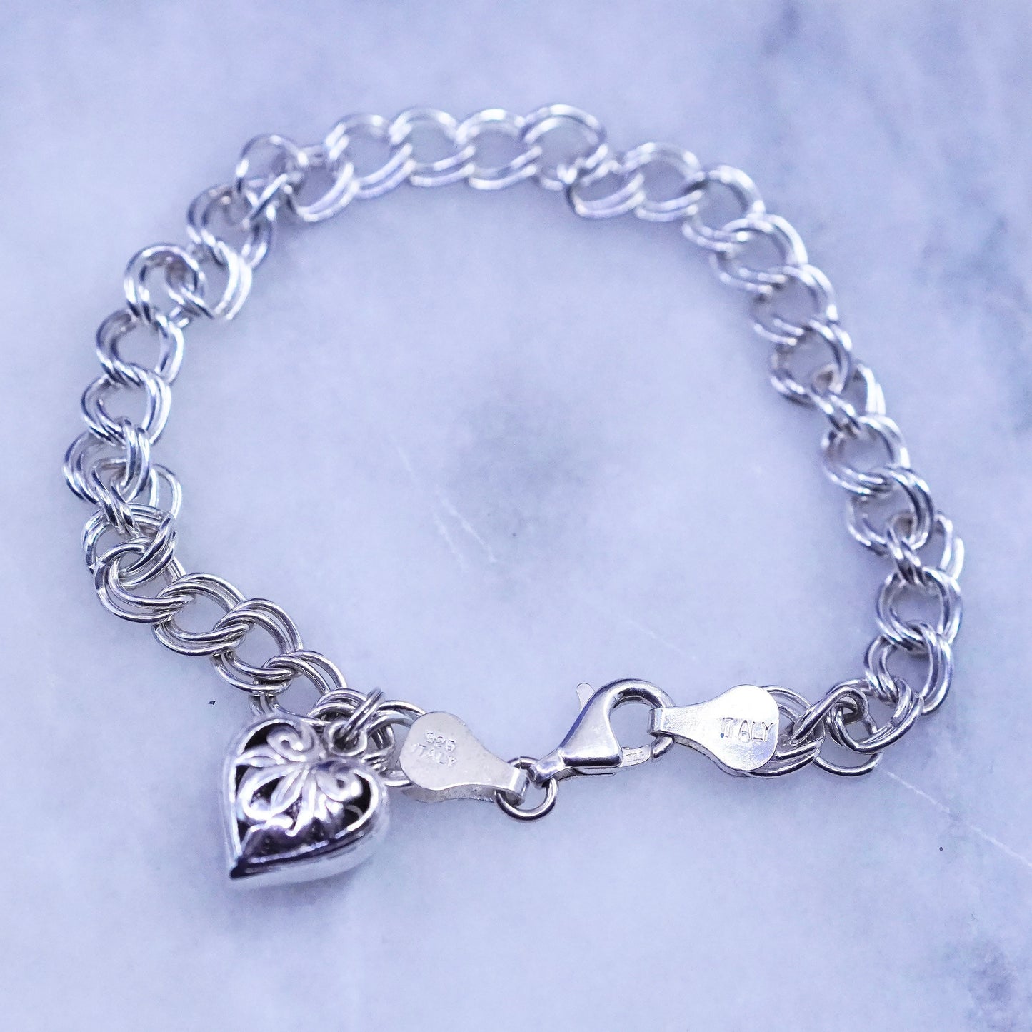 6.75”, Sterling silver bracelet, 925 double curb chain filigree heart charm