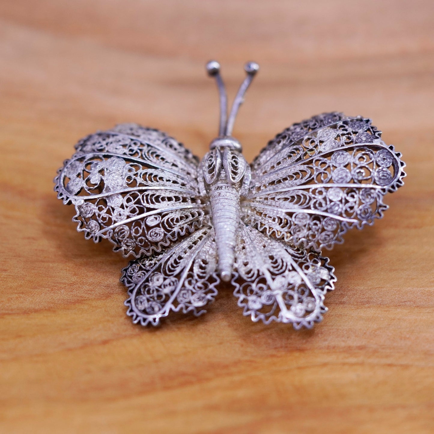 Vintage handmade sterling 925 silver filigree butterfly brooch