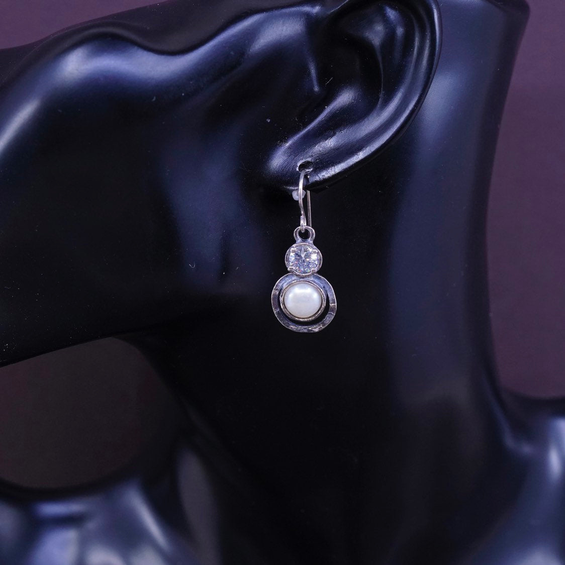 vtg Israel Sterling silver handmade earrings, 925 hoops w/ pearl and cz