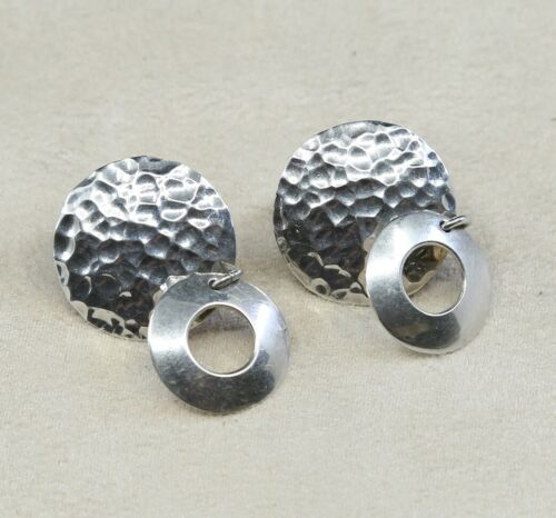 VINTAGE Taxco Sterling Silver .925 CLIP ON EARRINGS, hammered disk circle