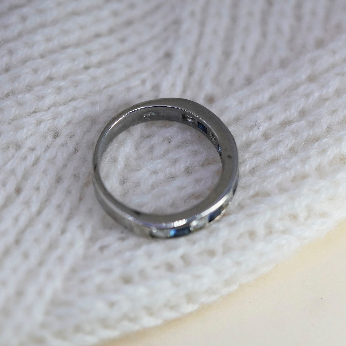 Size 9, Sterling 925 silver stackable ring, wedding band with blue and clear CZ