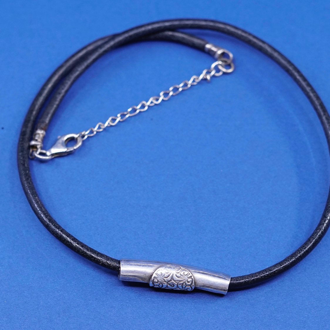 17” sterling 925 Silver necklace, Black Leather chain w/ 925 slide tube pendant
