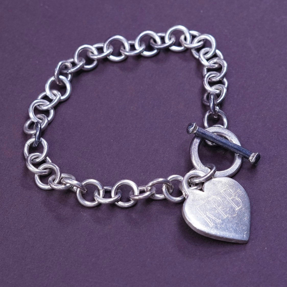 6.25", 7mm, vtg Sterling 925 silver handmade monogram “KPB” bracelet toggle