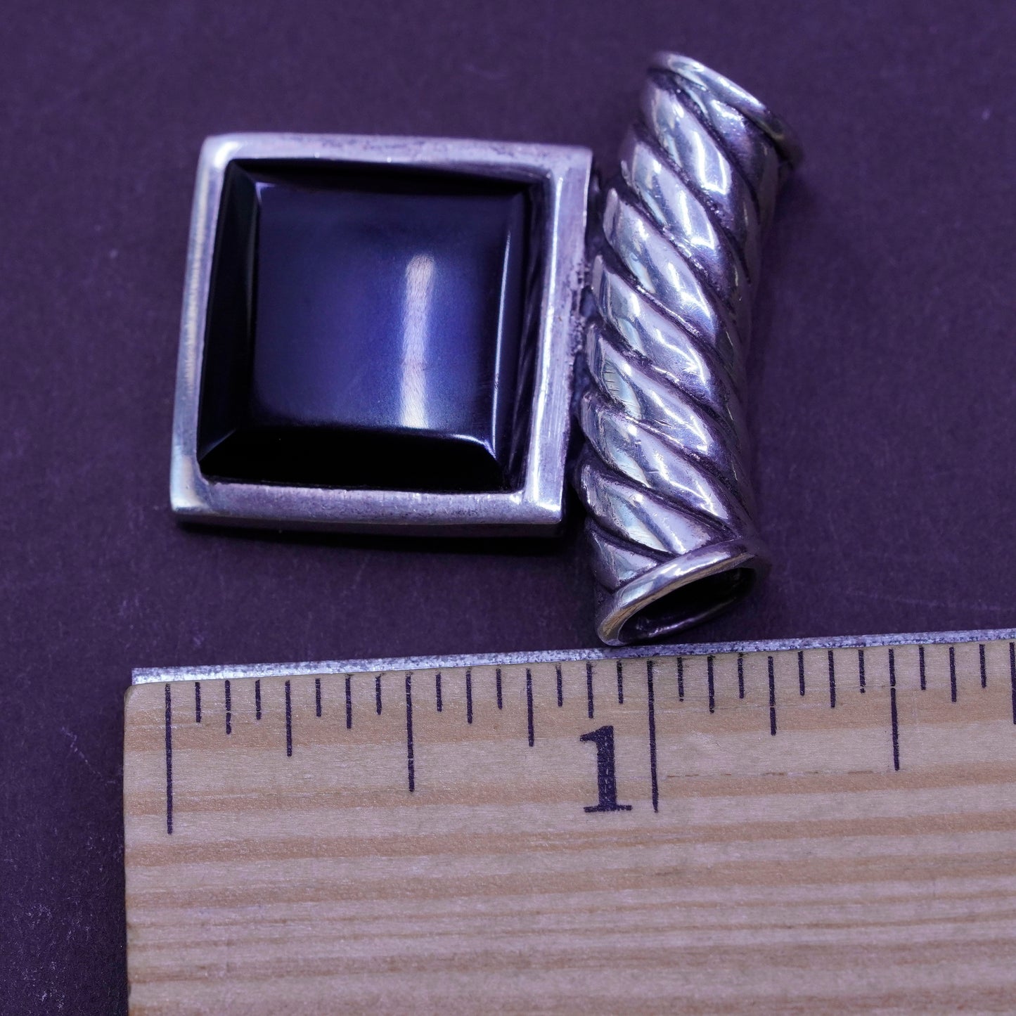 Sterling silver handmade pendant, Mexico 925 square obsidian, black onyx drop