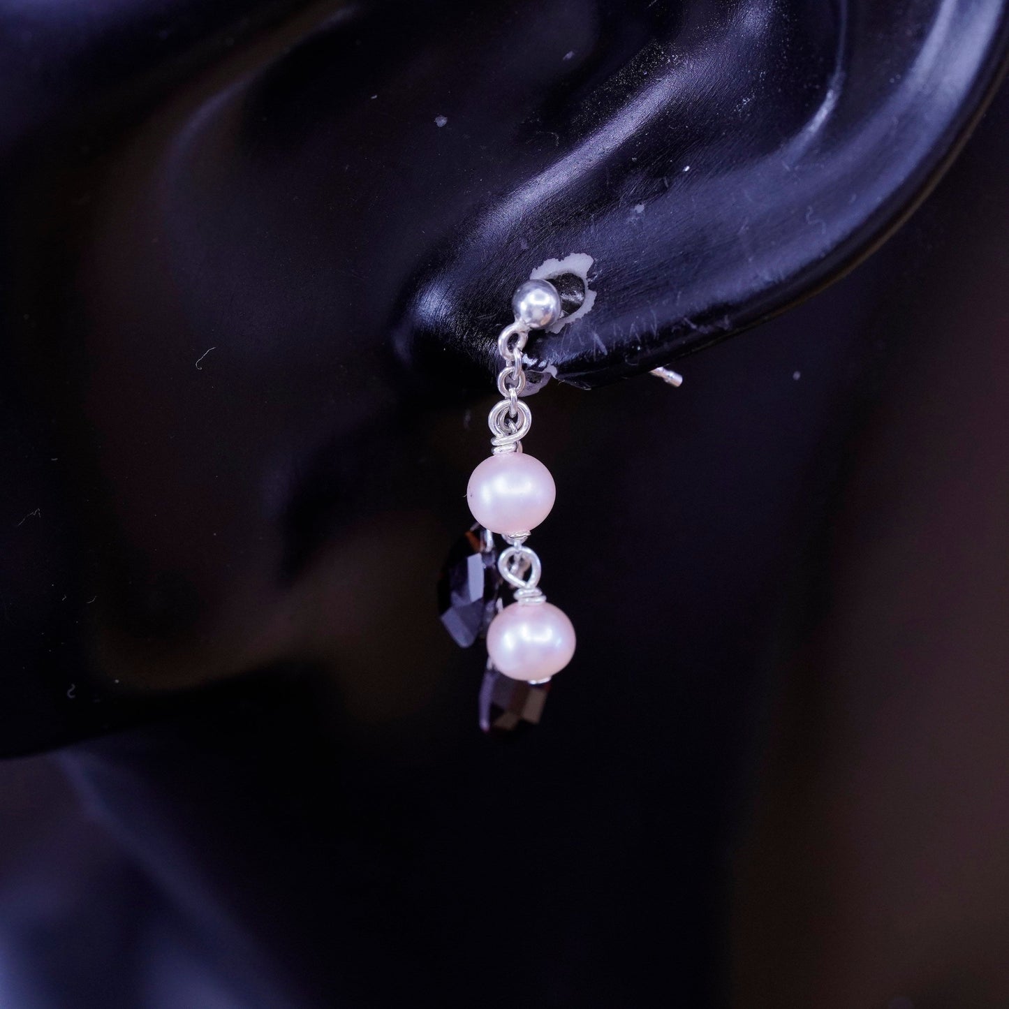 Vintage Sterling 925 silver handmade earrings w/ pearl N teardrop ruby dangles