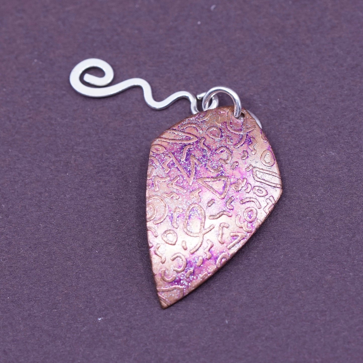 Vintage handmade textured copper tag with sterling 925 silver tornado