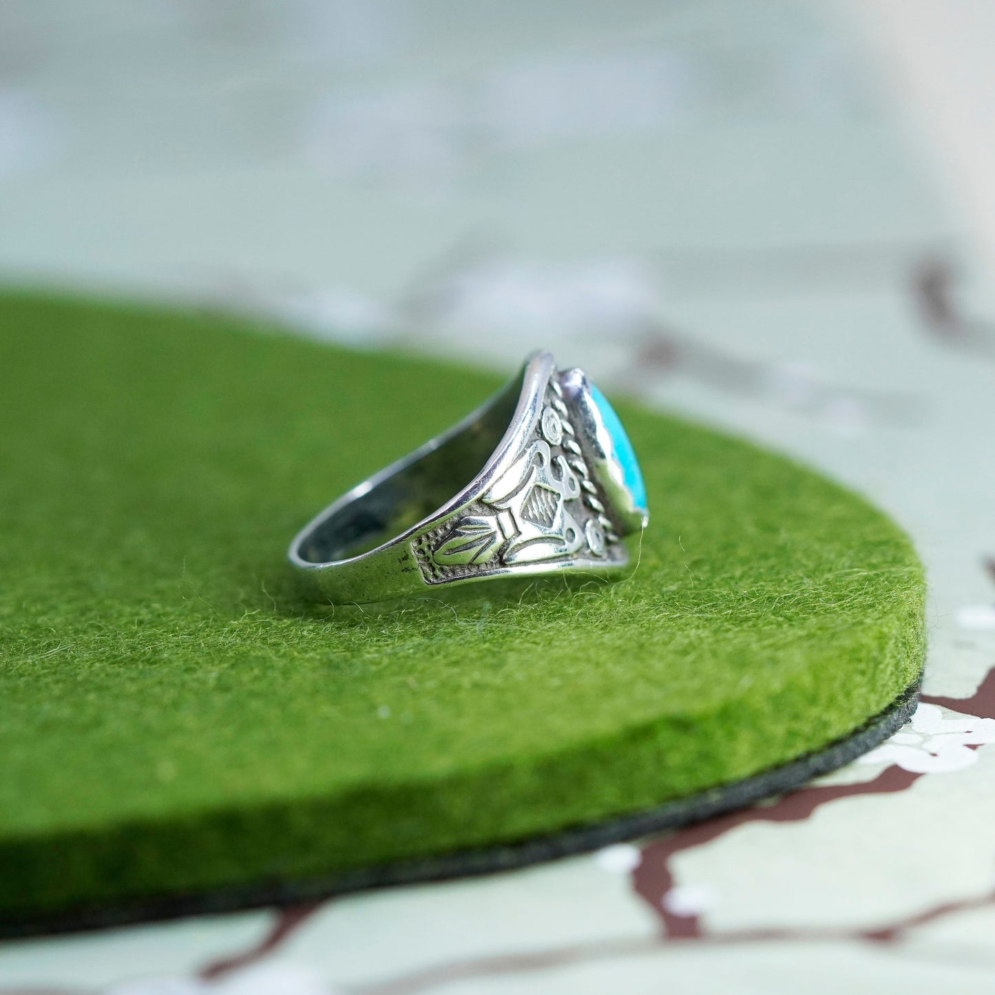 Size 9.5, Native American sterling silver ring, 925 band turquoise thunderbird