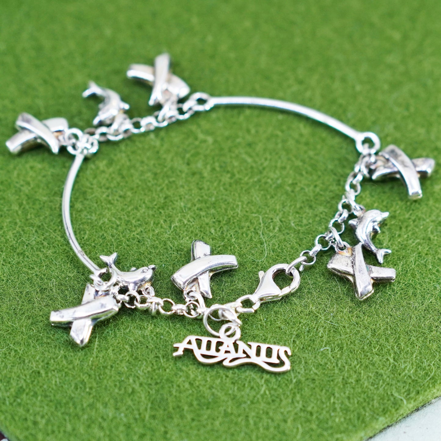 6.75”, vtg sterling silver bar chain, 925 bracelet with cross dolphin charms