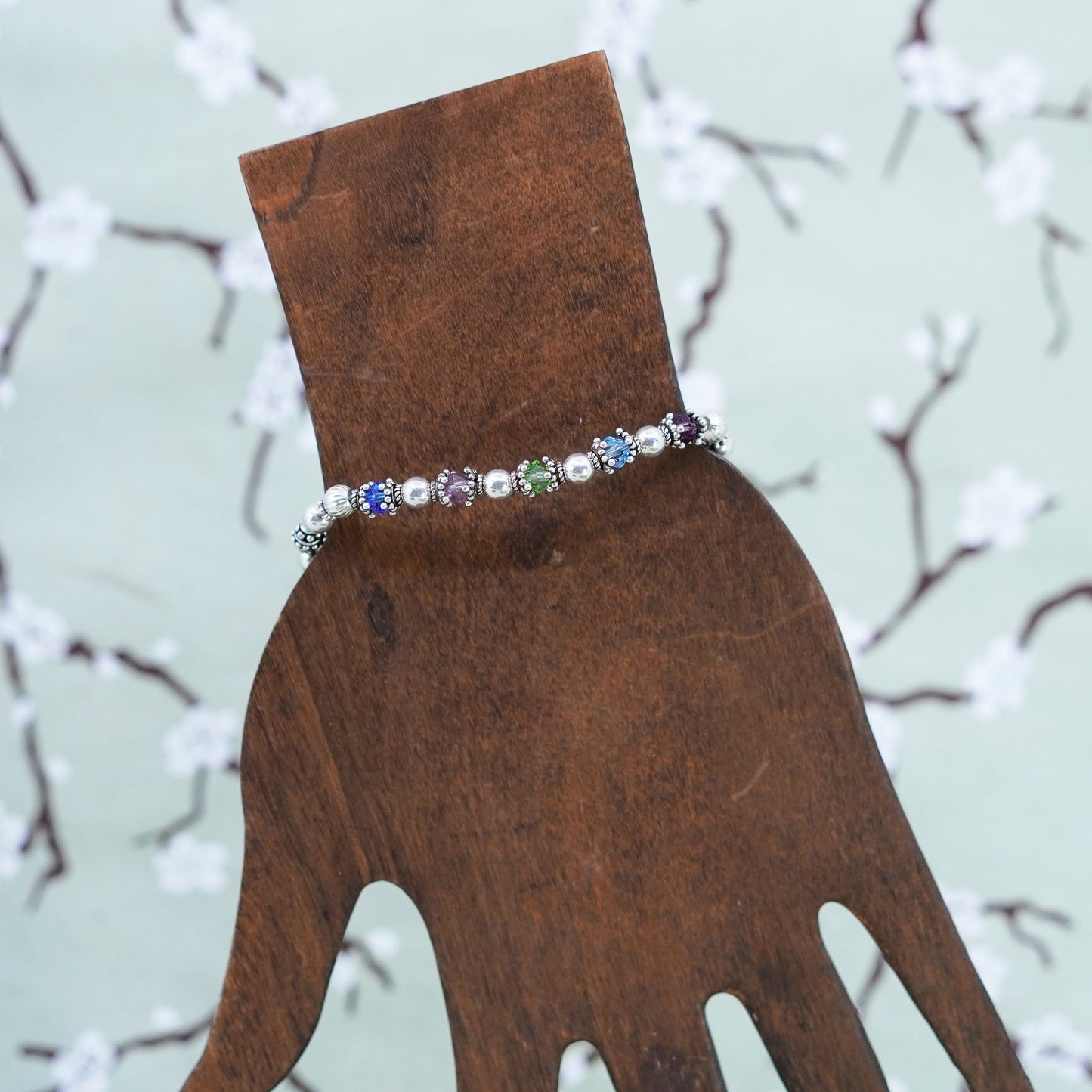 6”, Vintage Sterling 925 silver handmade beads bracelet with crystals flower