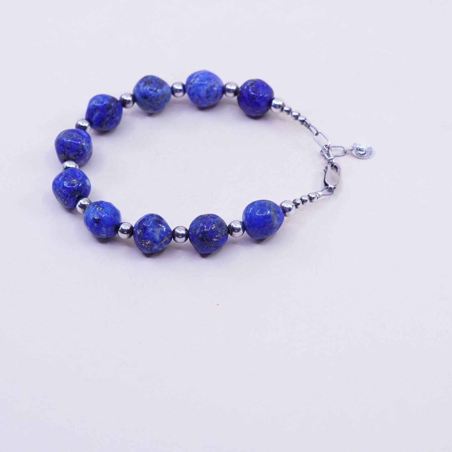 7.5+1”, Vintage Sterling 925 silver Handmade bracelet 10mm lapis lazuli beads
