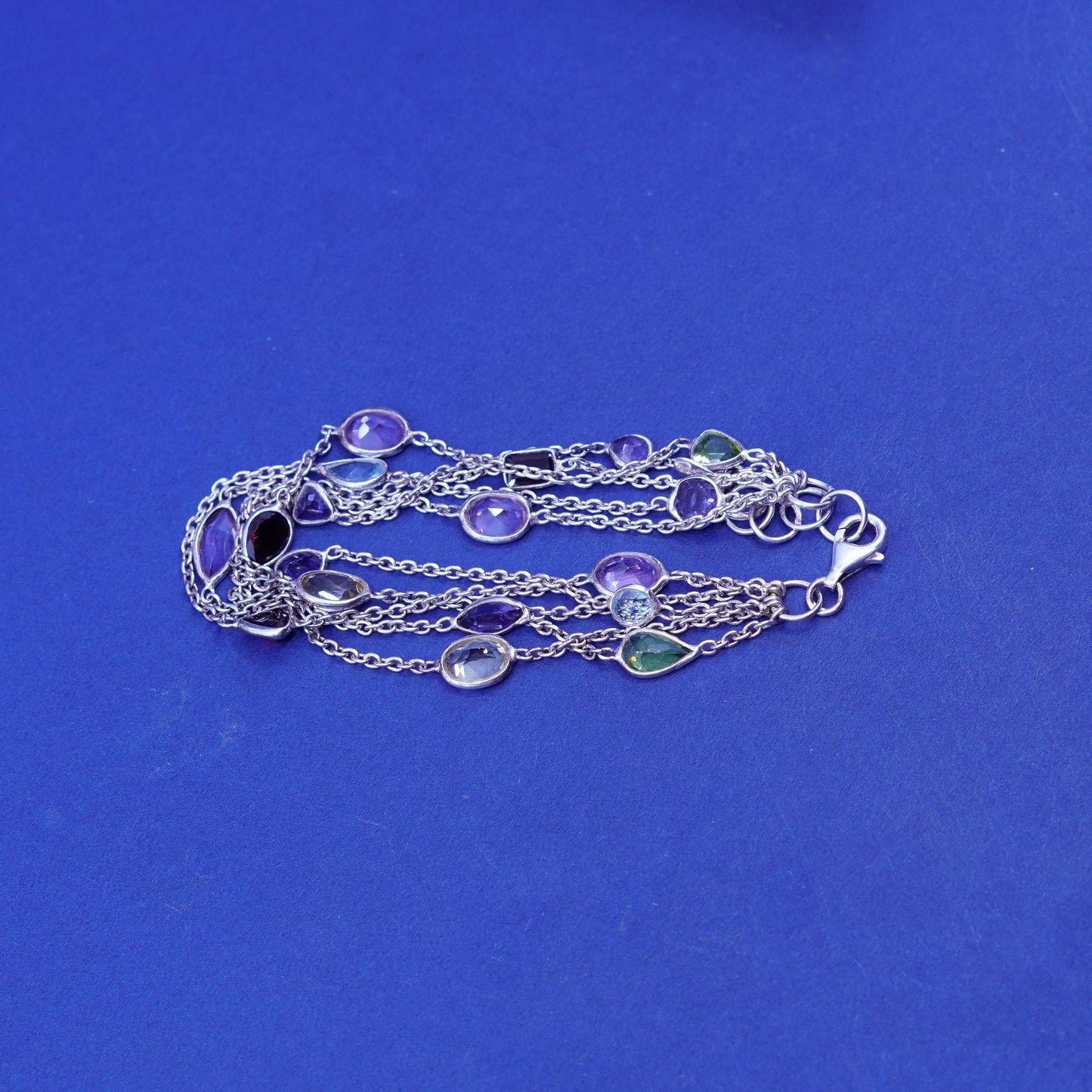 7+1”, vtg Sterling silver bracelet, multi strands 925 circle chain gemstones