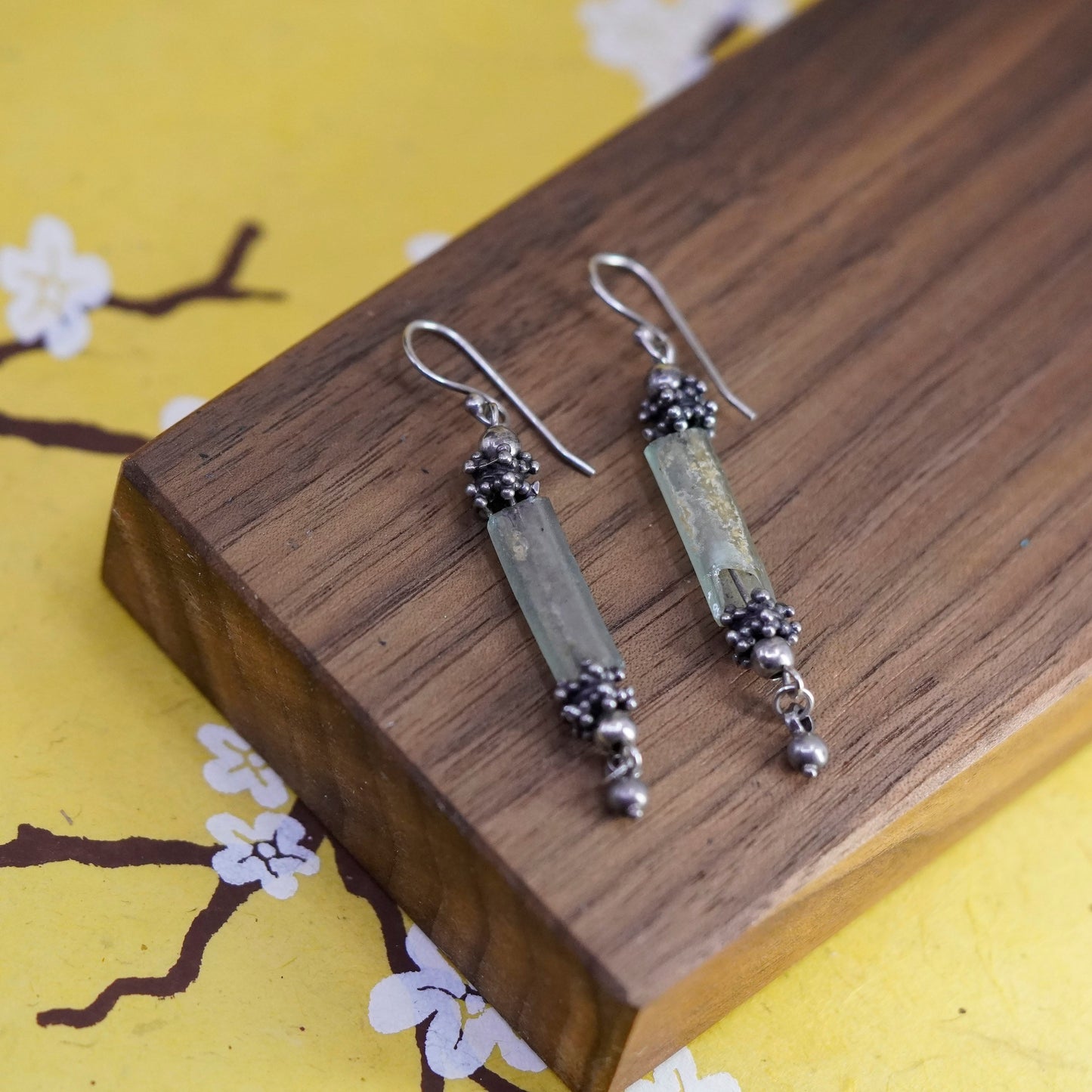 Vintage Sterling 925 silver handmade earrings with long Roman glass and beads