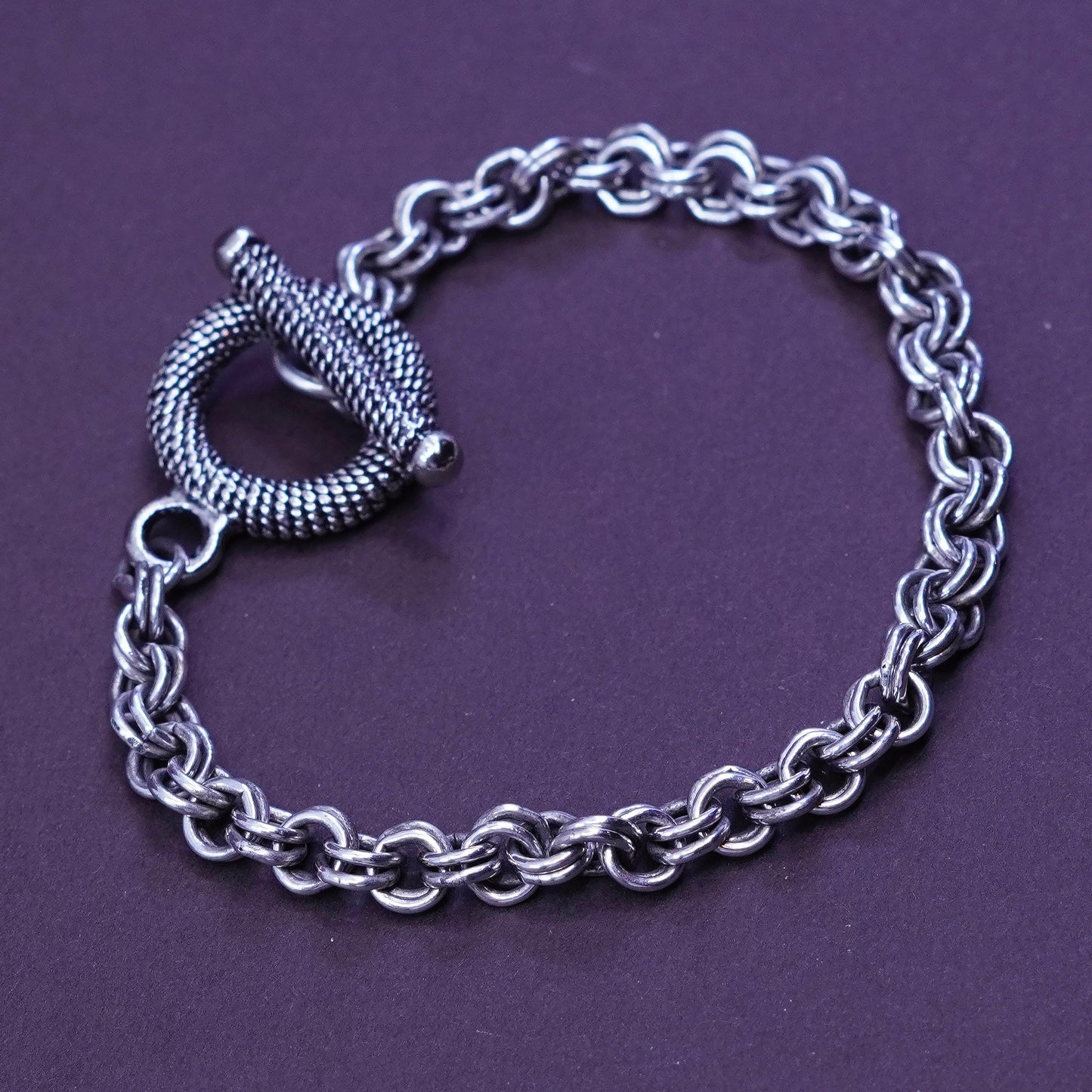 6.5”, Sterling silver handmade charm bracelet, 925 double circle link chai