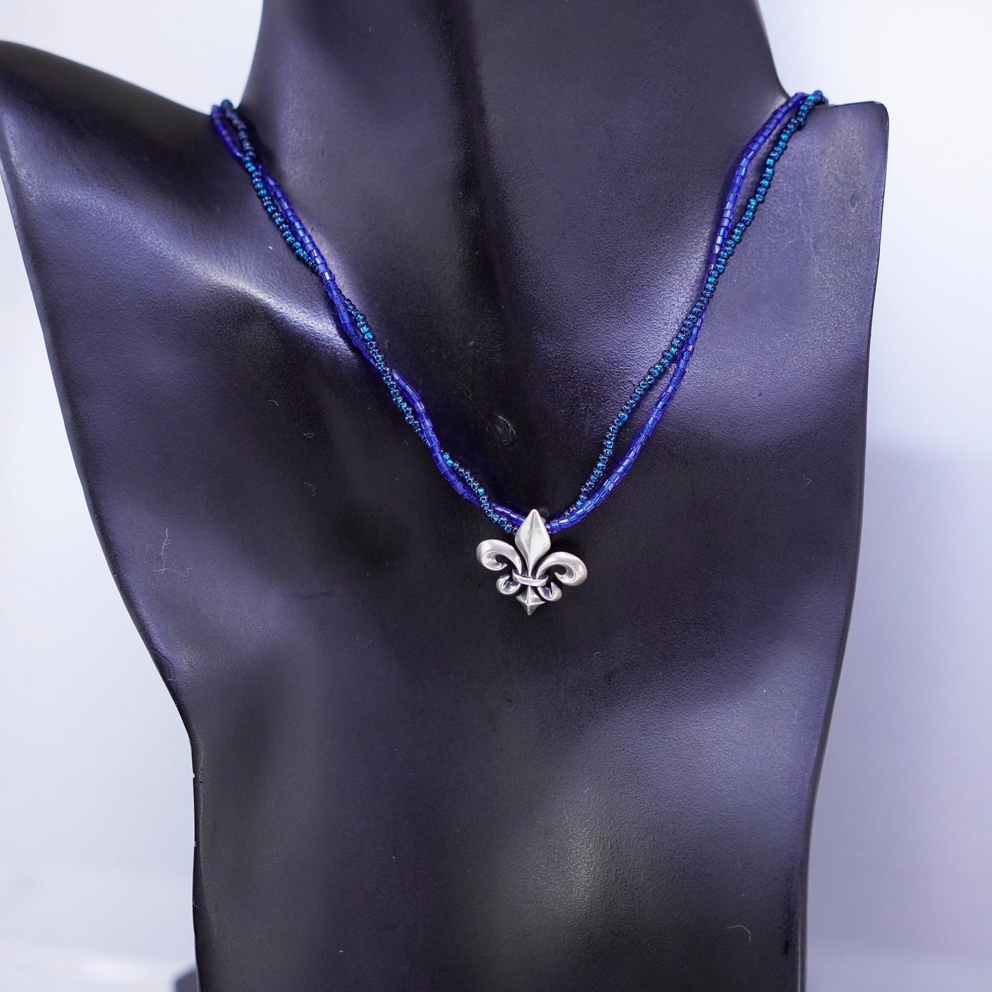 18”, blue beads necklace Sterling 925 silver French symbol fleur-de-lis pendant
