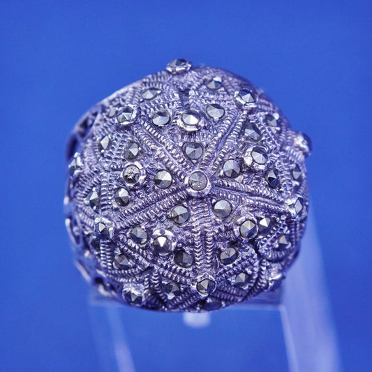 Size 8, vintage CFJ Sterling 925 silver handmade ring with cluster marcasite