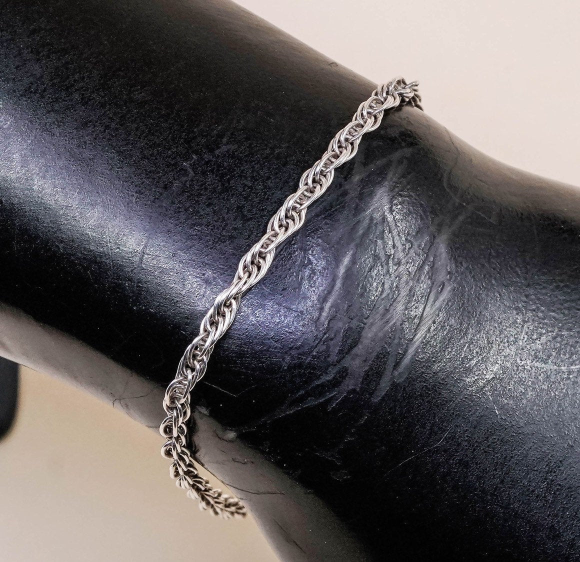 7", 3mm, Vintage sterling silver Italy rope chain bracelet, stamped italy 925