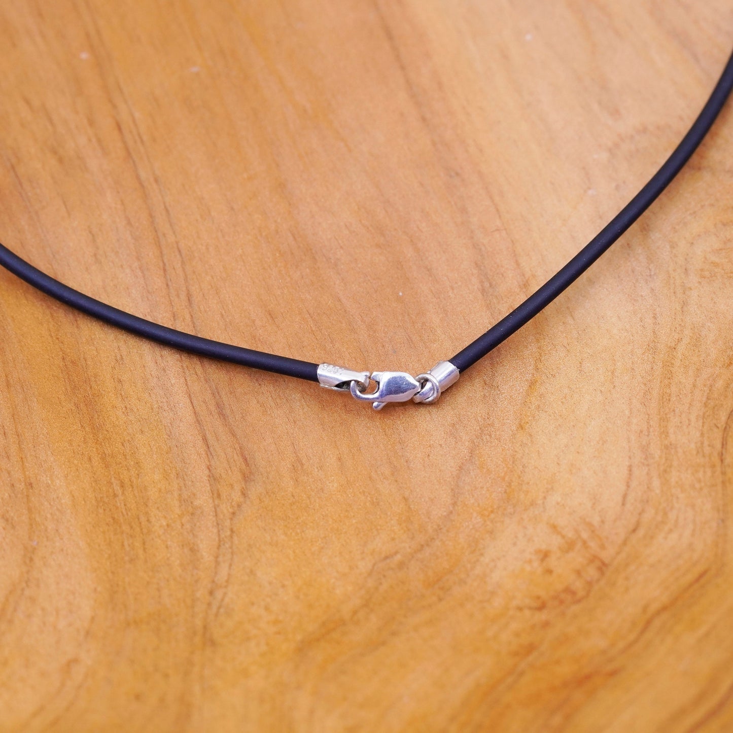 18”, vtg handmade necklace, black rubber thread choker sterling silver clasp