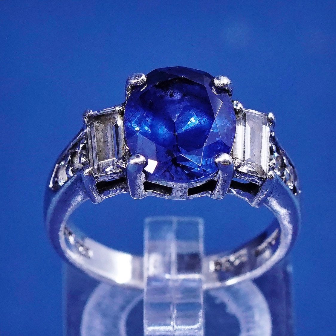 sz 7.25, vtg CSJ Sterling silver handmade ring, 925 w/ sapphire N crystal