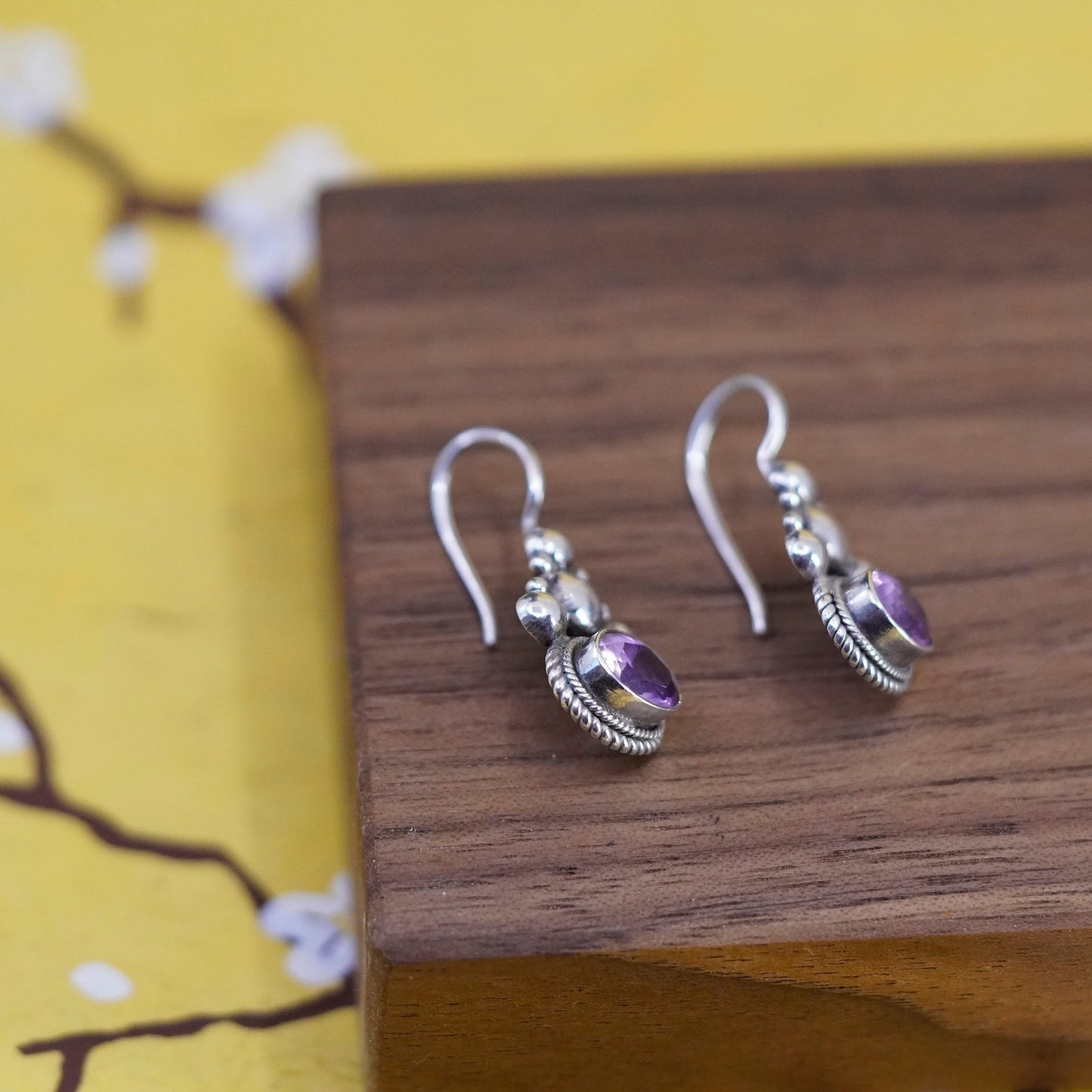 Vintage Sterling silver handmade earrings, 925 dangles with oval amethyst beads