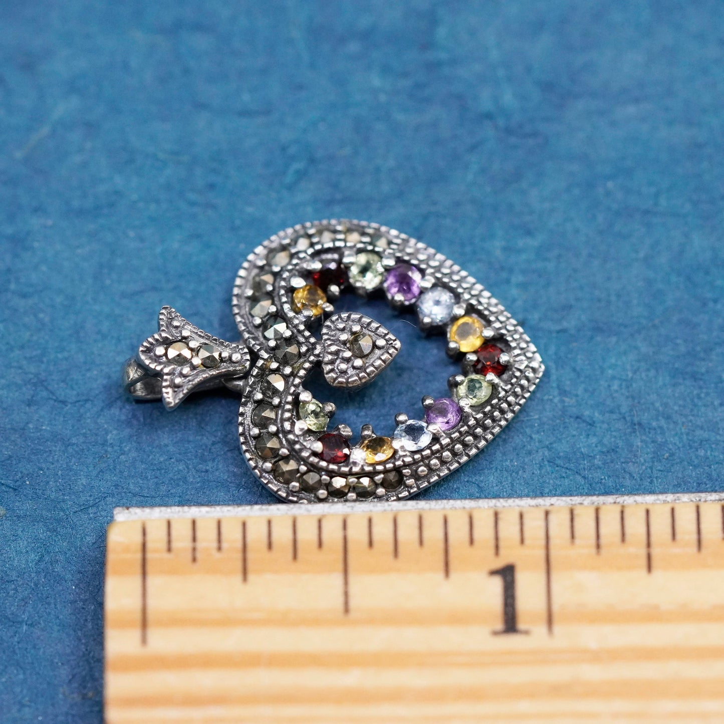 Sterling silver handmade pendant, 925 heart marcasite citrine peridot amethyst
