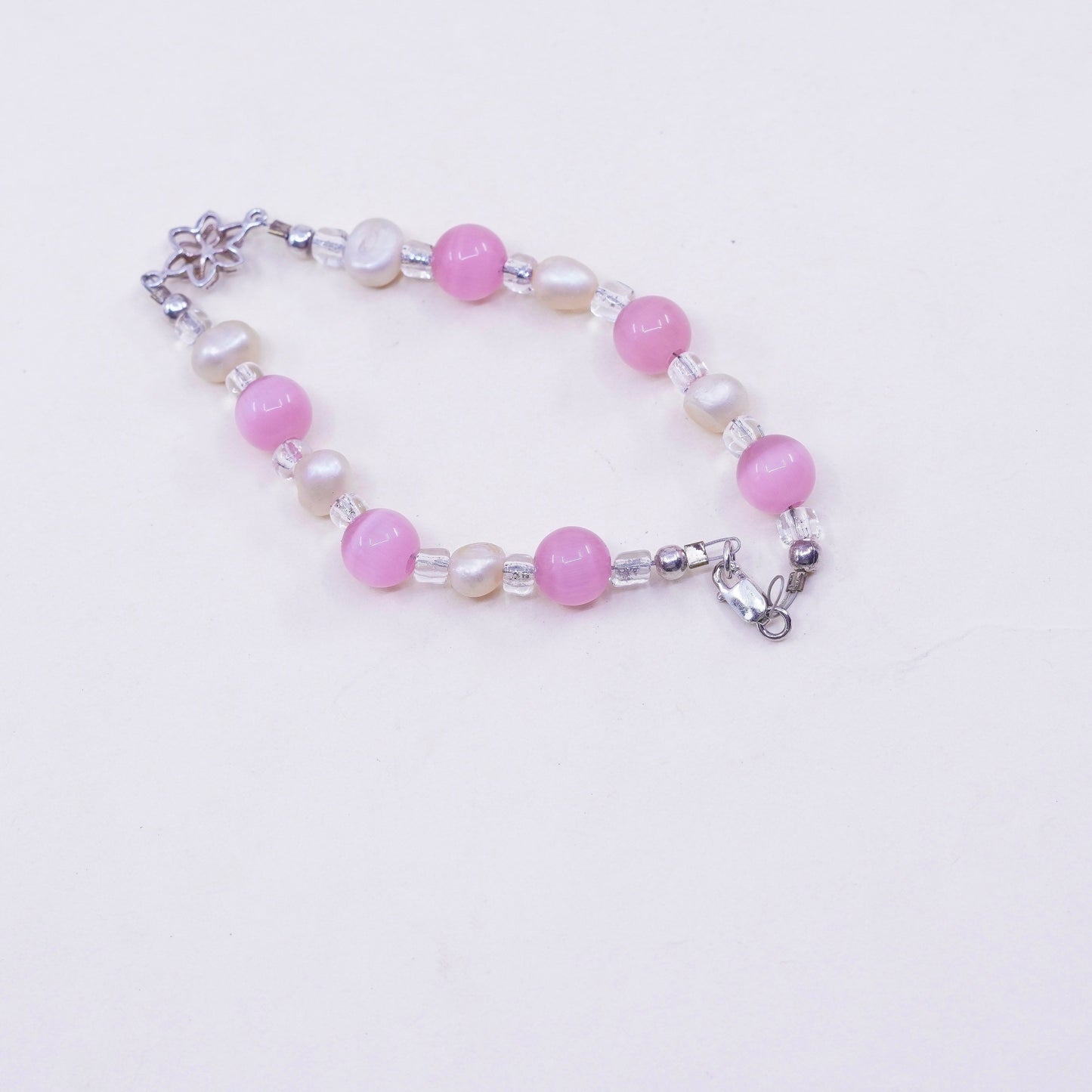 7”, handmade bracelet pearl pink cat eye beads sterling 925 silver flower