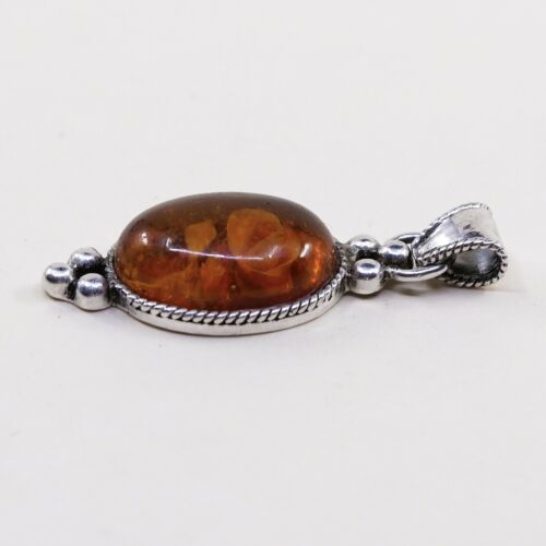 Vtg Sterling 925 Silver Handmade Beads Unique Amber Engraved Flower Pensant