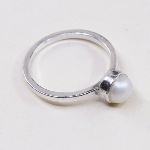 Sz 7, Vtg Sterling 925 Silver Handmade Ring W/ Freshwater Pearl, Simple Elegant