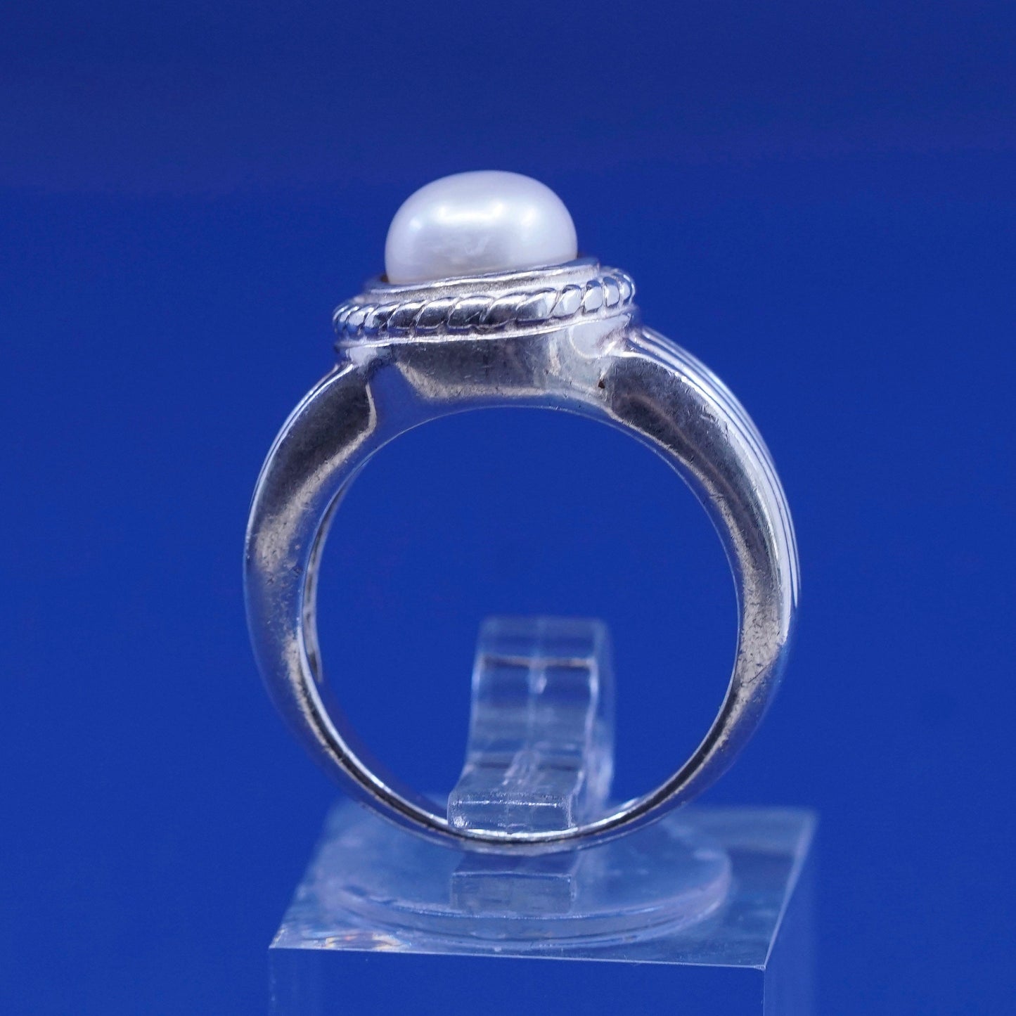 sz 5.75, vtg sterling silver handmade ring, 925 Ribbed band w/ pearl