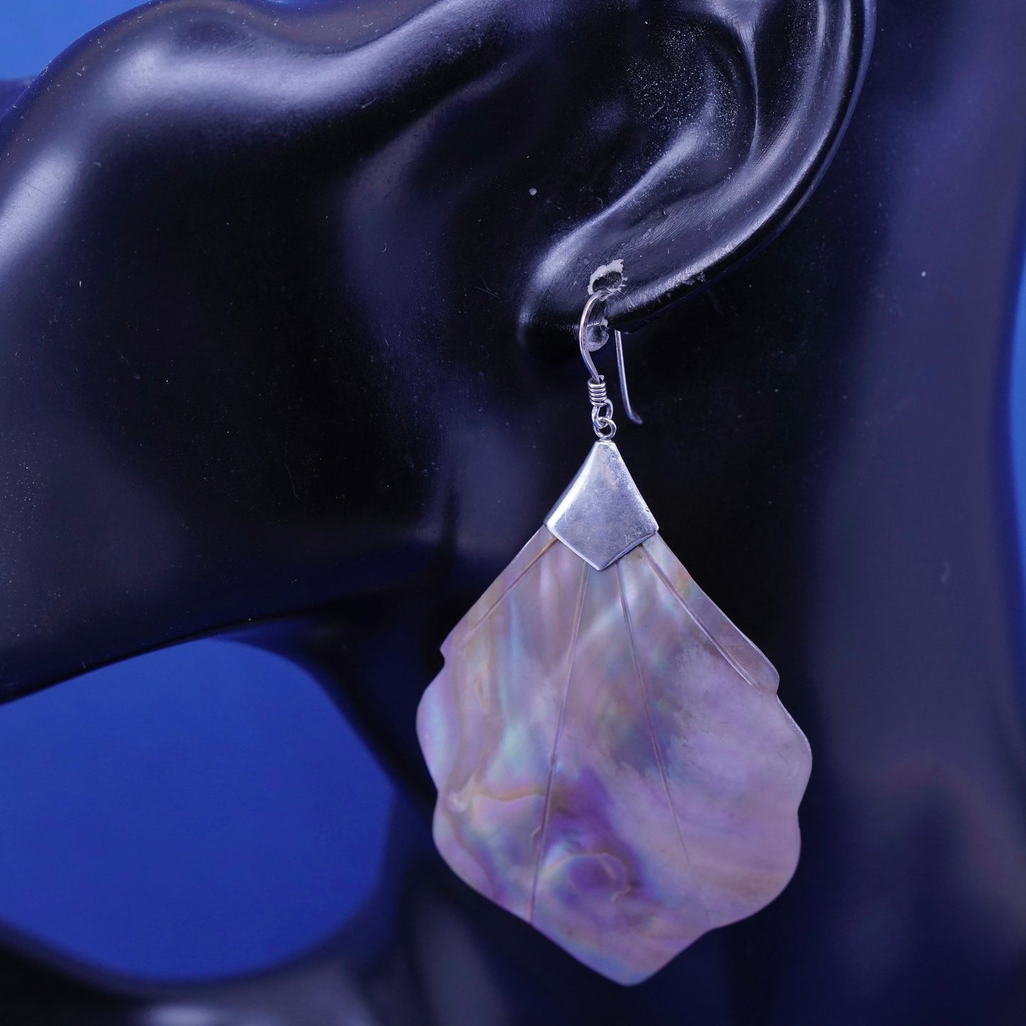 Vintage sterling 925 silver handmade earrings with feather abalone dangles