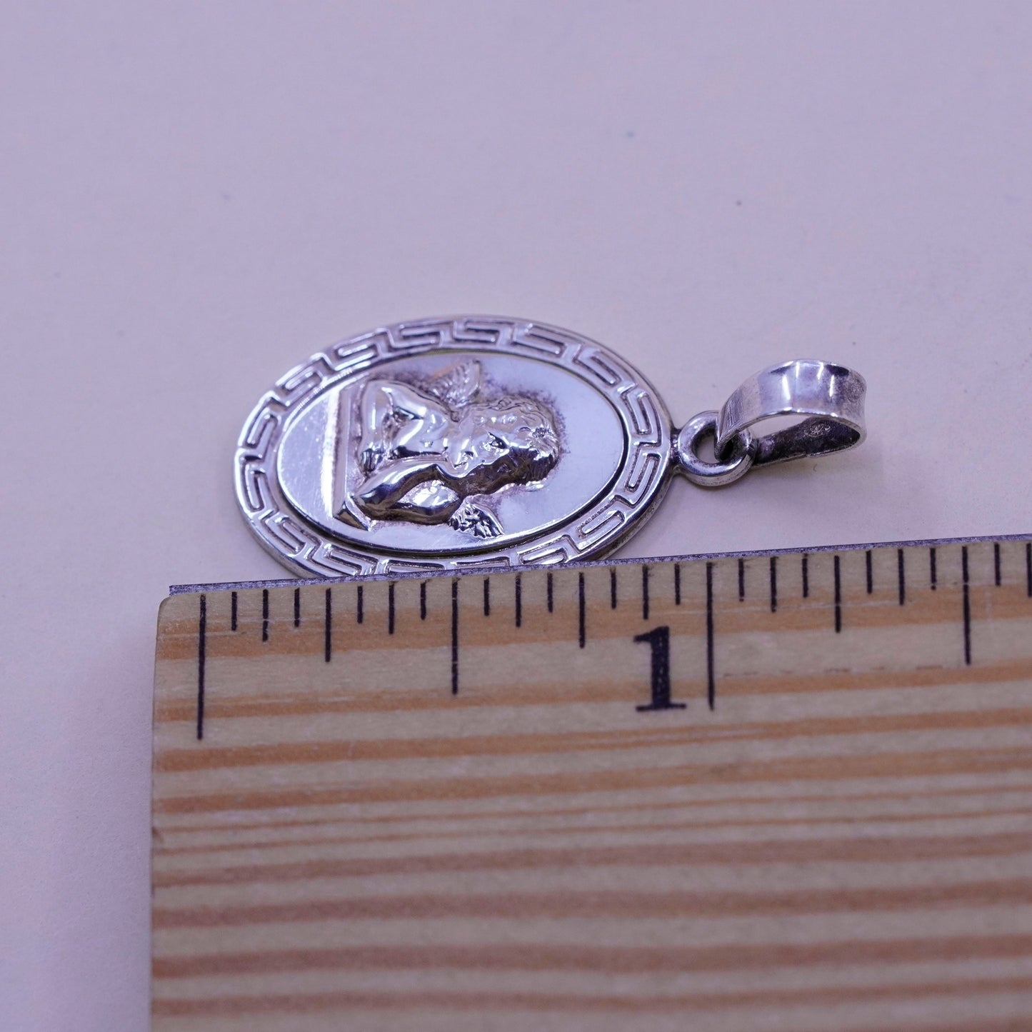 Vintage Sterling 925 silver handmade angel pendant with Greek key around
