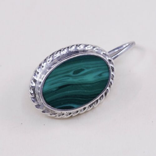 Vtg Mexico handmade Sterling Silver earrings, 925 Oval Malachite Dangles