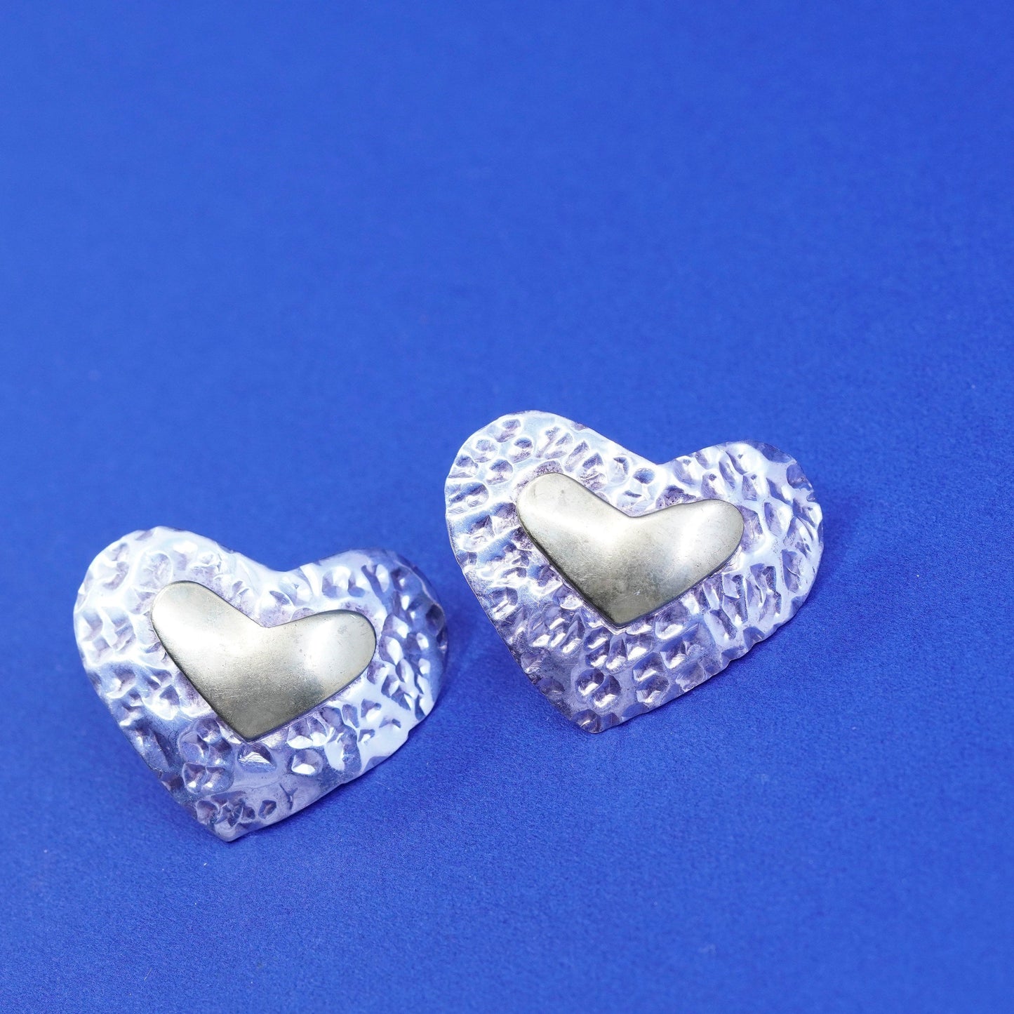 two tone Sterling silver handmade earrings, hammered 925 heart studs with brass