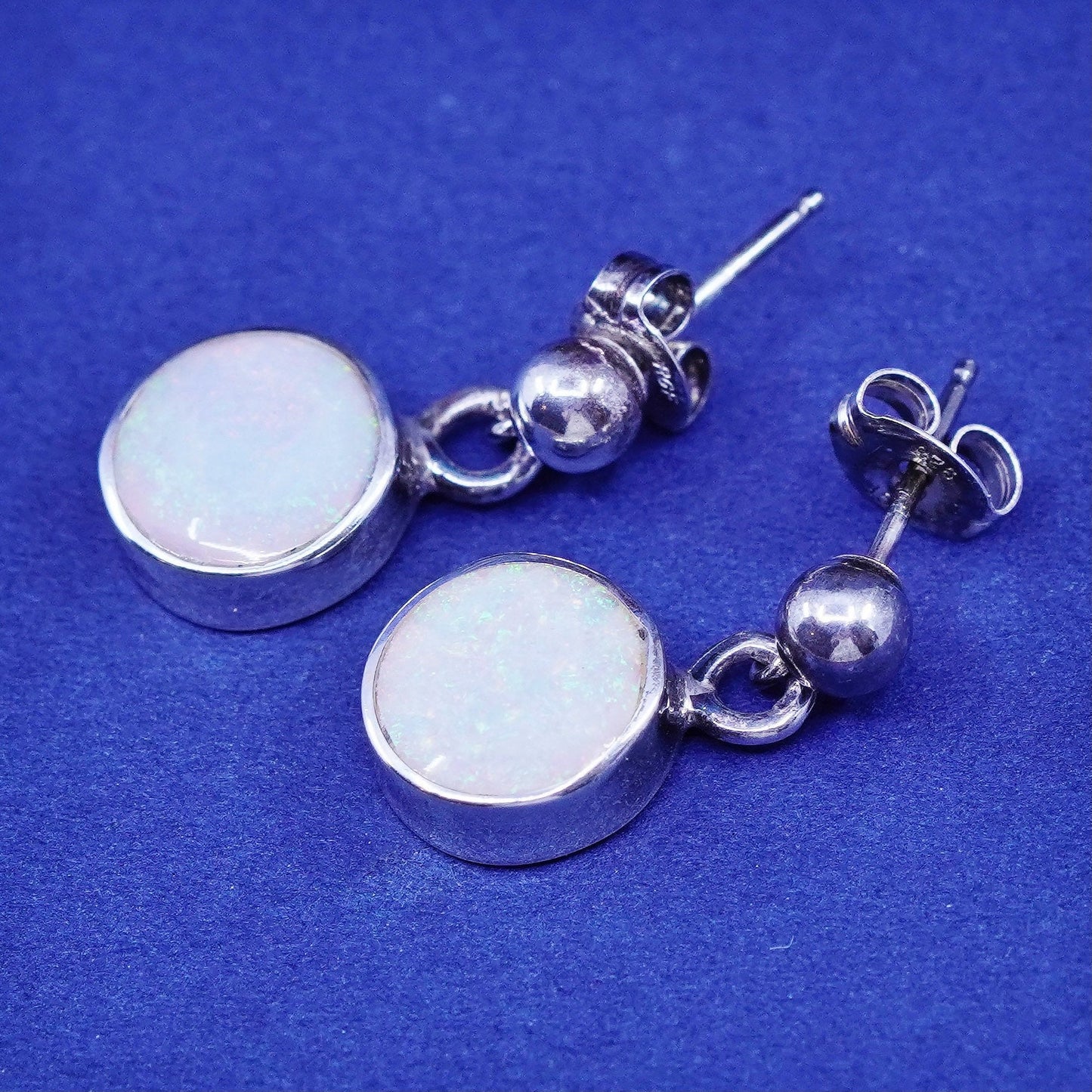 Navajo Steve Francisco sterling 925 silver handmade earrings w/ round fire opal